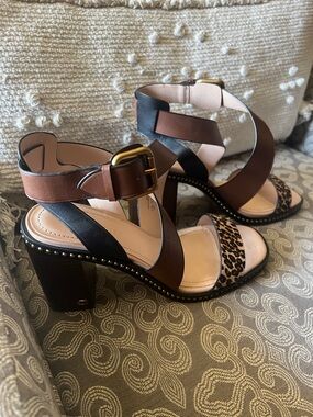 Coach Brown, Black & Leopard Print Block Heel Sandals
